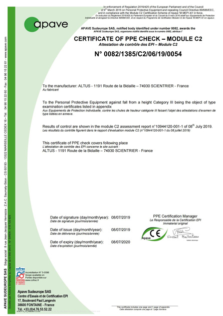 滑轮CE认证 Attestation C2 APAVE_PO12-1_PO13_2019_00